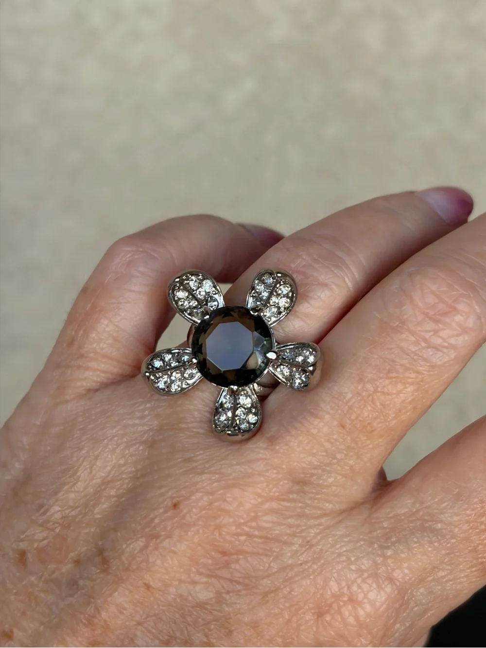 Camille Lucie Silver Flower Cocktail Ring with Smoky Crystal Center